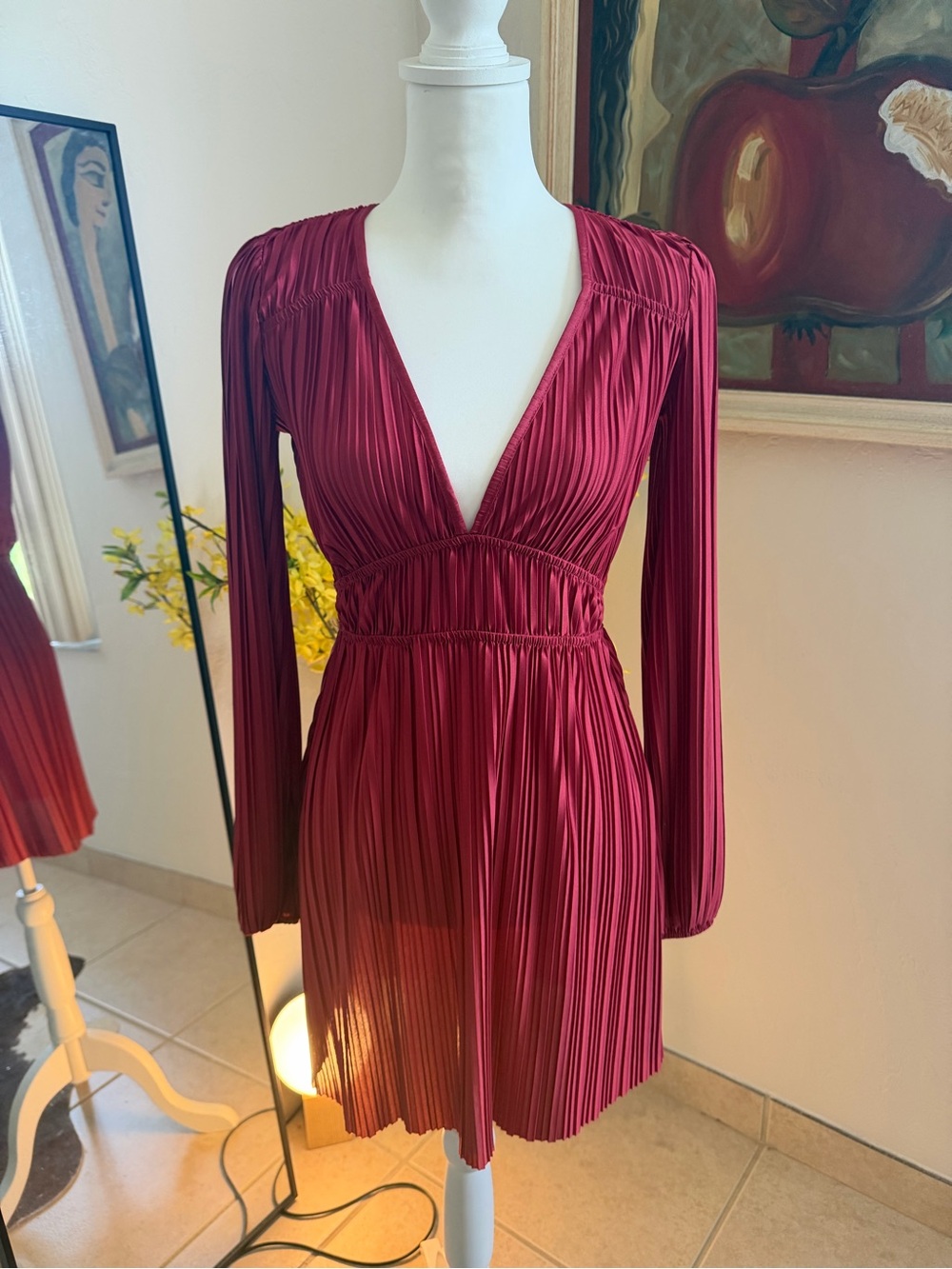 Plunging Pleated Wine-Red Mini Dress